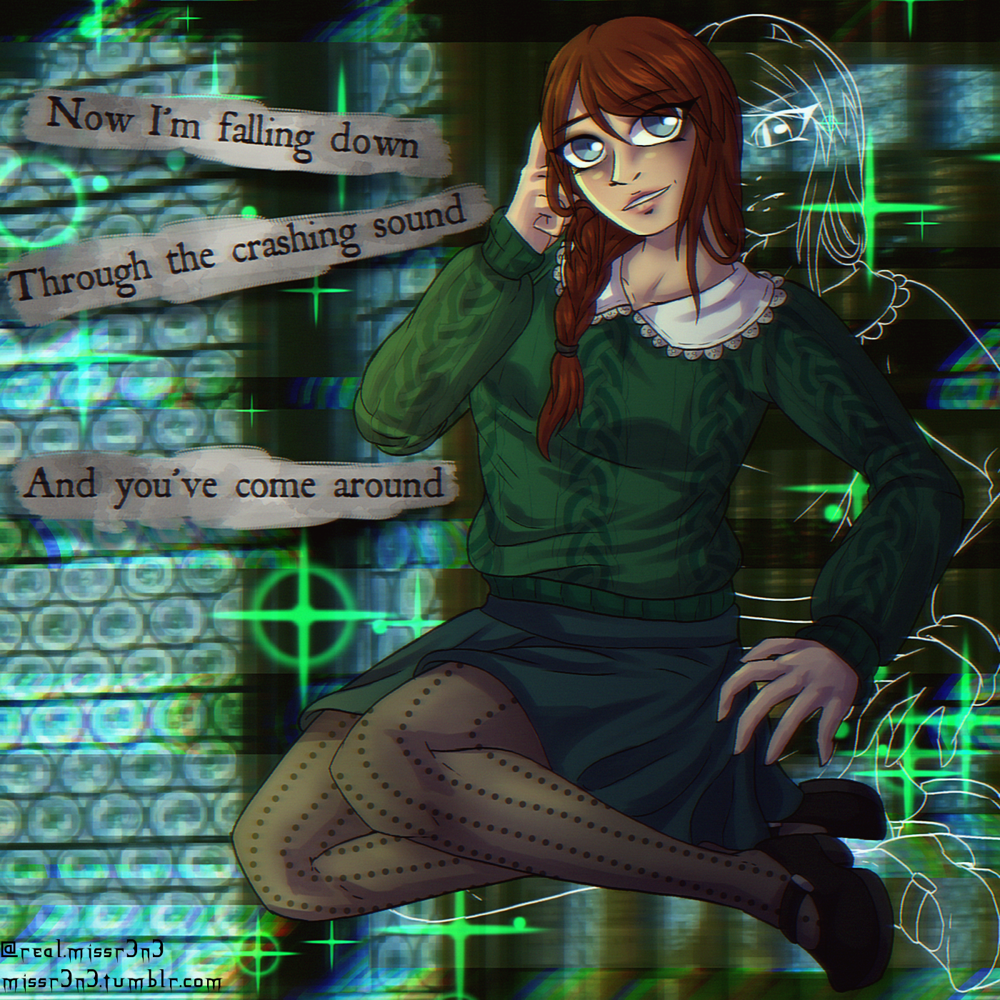 illustration of delilah before she reverted with a VHS filtered academic hallway behind her. she's dressed in a dark green sweater with a lacy peter pan collar, a black skater skirt, black polka dot tights and mary janes. she has warm light skin, auburn hair in a braid, and a dimpled smile. text on her left reads 'Now I'm falling down, through the crashing sound, and you've come around